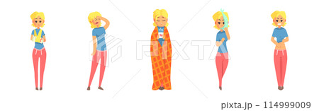 Sick Woman Character Feel Unwell Look Unhappy Vector Set Sick Woman Character Feel Unwell Look Unhappy Vector Set 114999009