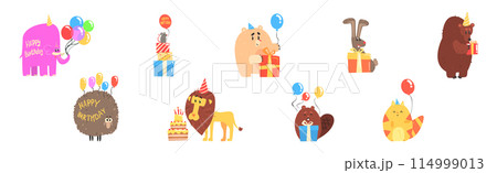 Happy Animal Character Celebrate Birthday Holiday Vector Set 114999013