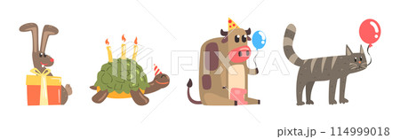 Happy Animal Character Celebrate Birthday Holiday Vector Set 114999018