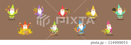 Garden Fairy Gnome Character with Sparkling Lights Vector Set Garden Fairy Gnome Character with Sparkling Lights Vector Set 114999053