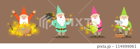 Garden Fairy Gnome Character with Sparkling Lights Vector Set 114999061