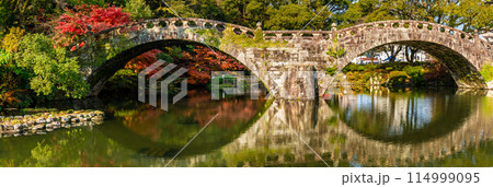 諫早公園（眼鏡橋）の紅葉　パノラマ　【長崎県諫早市】 114999095