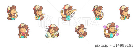 Cute Teenage Girl in Cap with Different Facial Expression Vector Set 114999183
