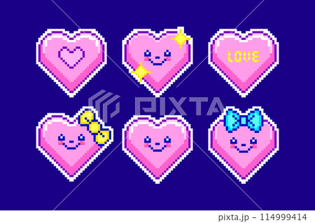 Set of stickers with hearts in pixel art style on dark background. 114999414