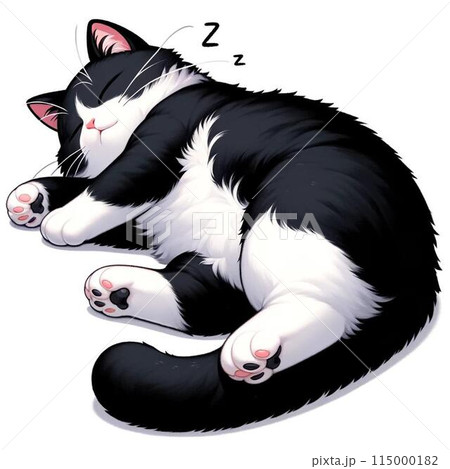 スヤスヤ気持ち良さそうに眠るハチワレ猫のイラスト素材 [115000182