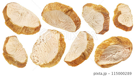 Smoked chicken breast slices isolated on white background with clipping path, falling salad ingredient, full depth of field Smoked chicken breast slices isolated on white background with clipping path, falling salad ingredient, full depth of field 115000289