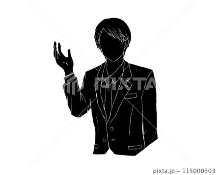 案内するスーツの男性のモノクロイラスト 115000303