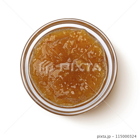 Fruit jam in glass bowl isolated on white background, top view Fruit jam in glass bowl isolated on white background, top view 115000324