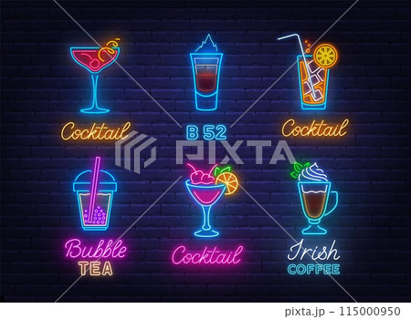 Cocktail Neon Sign Set on brick wall  background. 115000950