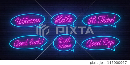 Welcome, Hello, Hi There, Good Luck, Best Wishes, Good Bye Neon Script Quotes on brick wall background. Welcome, Hello, Hi There, Good Luck, Best Wishes, Good Bye Neon Script Quotes on brick wall background. 115000967