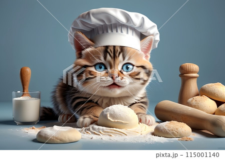 Professional chef, cute cat in a chef's hat kneads dough for bread Professional chef, cute cat in a chef's hat kneads dough for bread 115001140