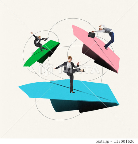 Contemporary art collage. Young businesspeople stands on huge paper planes and flying on them as on working tasks. 115001626