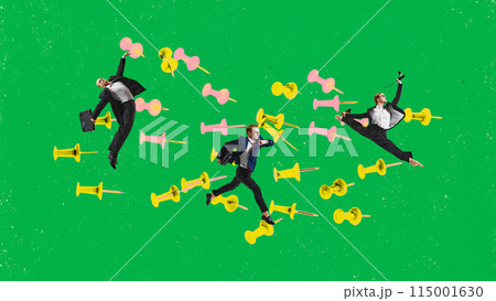 Contemporary art collage. businesspeople in formal attire leaping and floating between colorful pushpins against bright green background. 115001630