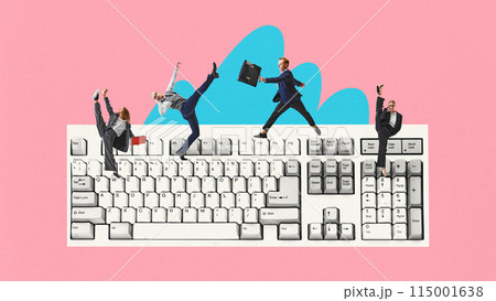 Contemporary art collage. Business people stands on computer keyboard and working in team. Cooperation. 115001638