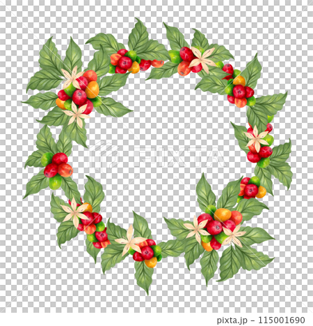 Coffee wreath with beans and flower, leaves. Watercolor illustration. Botanical frame of ripening berries. Coffee day. Hand drawn isolated art. Aroma of Robusta and Arabica varieties. Natural style Coffee wreath with beans and flower, leaves. Watercolor illustration. Botanical frame of ripening berries. Coffee day. Hand drawn isolated art. Aroma of Robusta and Arabica varieties. Natural style 115001690