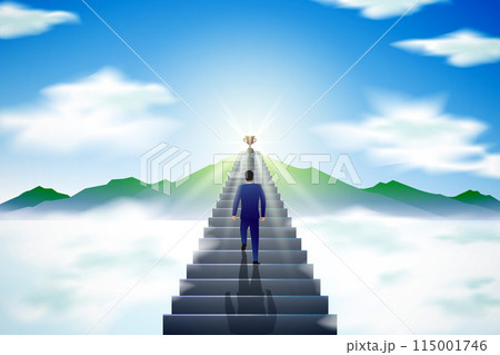 illustration of people climbing stairs to a trophy at the top of a mountain covered in sparkling light illustration of people climbing stairs to a trophy at the top of a mountain covered in sparkling light 115001746