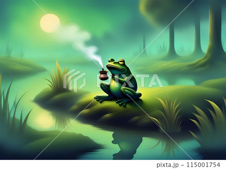 幻想的な水辺で休むカエル 115001754