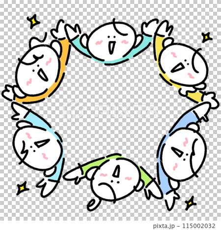 輪になって上を見上げる笑顔の人々 円になる 手描きイラスト 輪になって上を見上げる笑顔の人々 円になる 手描きイラスト 115002032