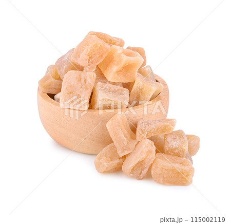 Dried Ginger Cubes in bowl on white background Dried Ginger Cubes in bowl on white background 115002119