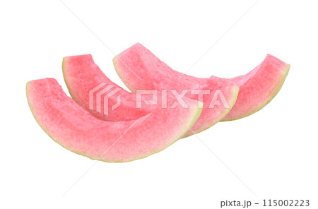 Pink guava, cut into pieces isolated on white background Pink guava, cut into pieces isolated on white background 115002223