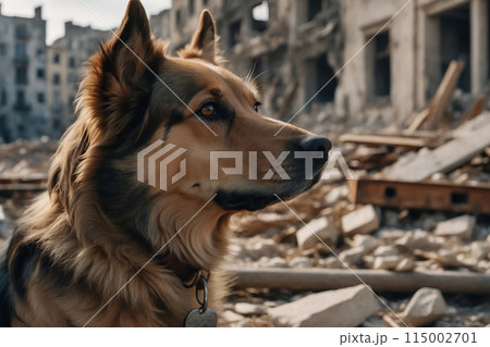 Portrait of a dog on the background of destroyed buildings Portrait of a dog on the background of destroyed buildings 115002701