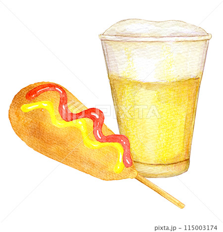 水彩イラスト　屋台グルメ　生ビールとアメリカンドッグ 115003174