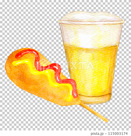 水彩イラスト　屋台グルメ　生ビールとアメリカンドッグ 115003174