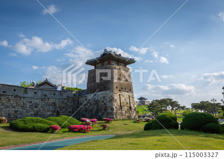 Old city wall at Hwaseong Fortress in summer, Traditional Architecture of Korea at Suwon, South Korea. 115003327