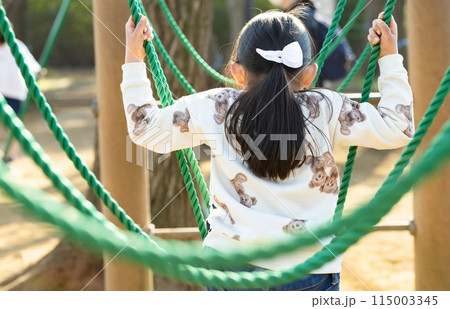 公園でアスレチックを楽しむ子供 115003345