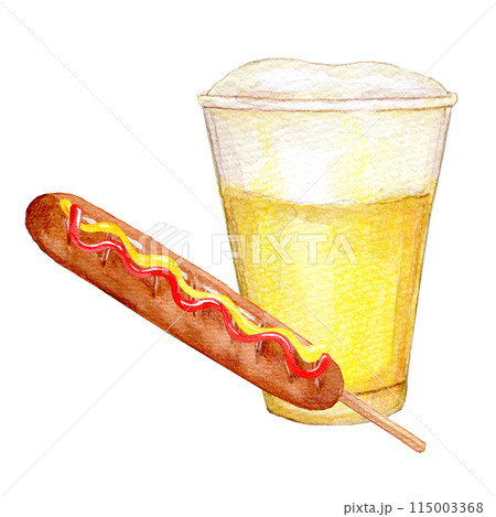 水彩イラスト 屋台グルメ 生ビールとフランクフルト 水彩イラスト 屋台グルメ 生ビールとフランクフルト 115003368