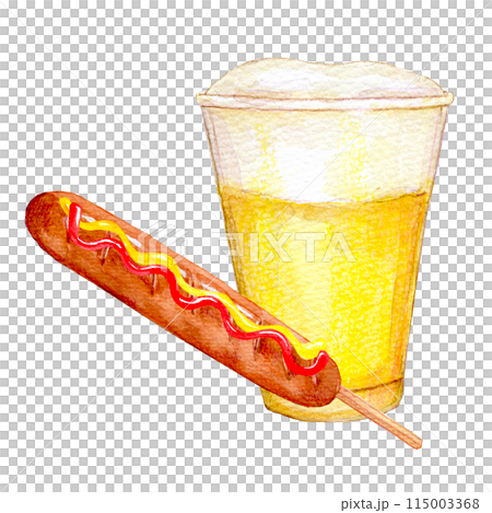 水彩イラスト 屋台グルメ 生ビールとフランクフルト 水彩イラスト 屋台グルメ 生ビールとフランクフルト 115003368