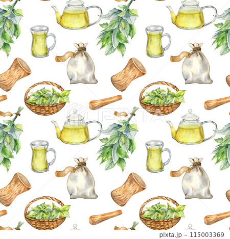 Utensils mortar, glass teapot with herb tea and nettle watercolor seamless pattern isolated on white. Herb sachet and straw basket with medicinal plants hand drawn. Design for textile, wrapping 115003369