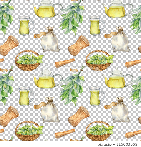 Utensils mortar, glass teapot with herb tea and nettle watercolor seamless pattern isolated on white. Herb sachet and straw basket with medicinal plants hand drawn. Design for textile, wrapping 115003369