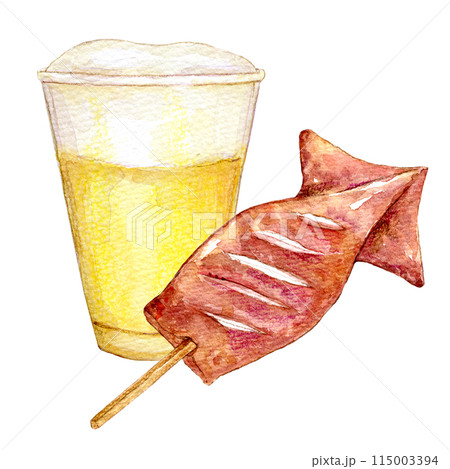 水彩イラスト　屋台グルメ　生ビールとイカ焼き 115003394
