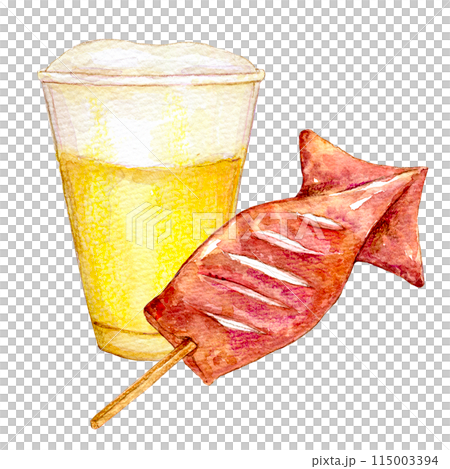 Watercolor illustration: Street food: Draft beer and grilled squid 115003394