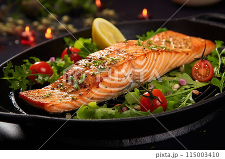 Salmon fillet with rosemary and spices on a black background	 115003410