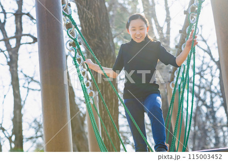 アスレチックを楽しむ小学生女子 115003452