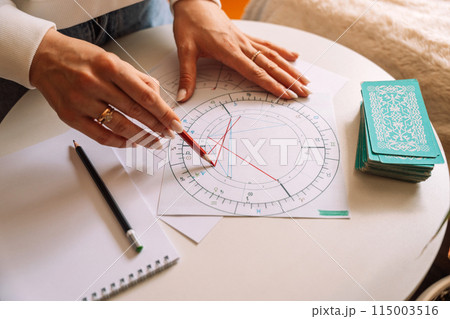 An astrologer draws with a pencil and a ruler on a natal chart 115003516
