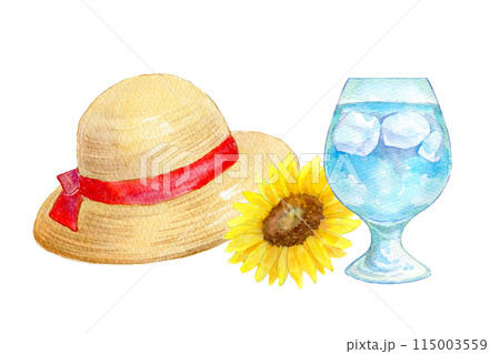 水彩イラスト 真夏のカクテルと麦わら帽子 水彩イラスト 真夏のカクテルと麦わら帽子 115003559