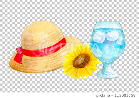 水彩イラスト 真夏のカクテルと麦わら帽子 水彩イラスト 真夏のカクテルと麦わら帽子 115003559