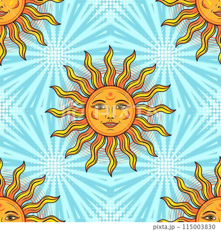 Seamless pattern with sun with smiling face, halftone shapes on retro blue background behind with rays, beams, stripes. Groovy, hippie style. Good for apparel, fabric, textile, kids design. Seamless pattern with sun with smiling face, halftone shapes on retro blue background behind with rays, beams, stripes. Groovy, hippie style. Good for apparel, fabric, textile, kids design. 115003830