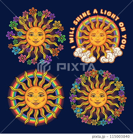 Summer compositions with sun with smiling face, chamomile flowers, text. Groovy, hippie, boho style for clothing, apparel, T-shirts, kids design. Vintage style illustration on dark background 115003840