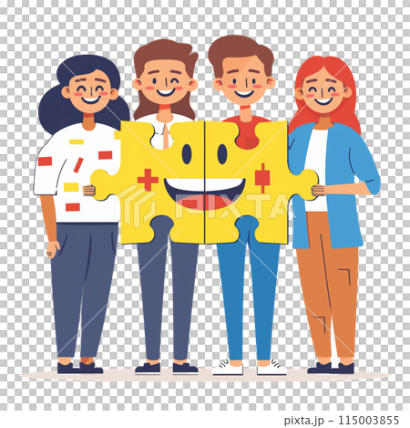 Young, Cheerful Employees Achieve Workplace Happiness Through Emotional Intelligence And Mental Wellbeing, Boosting Customer Satisfaction With Joyful Jigsaw Activity. 115003855