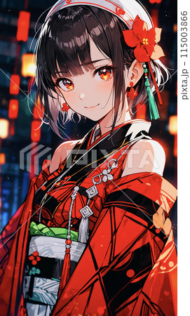 夜に輝く紅い着物の美少女 115003866
