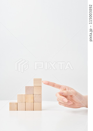 階段状に積まれた木製の積み木と指差す女性の手元 115003892