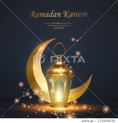 3D luxury golden Islamic lantern and crescent moon. suitable for Ramadan, Raya Hari, Eid al Adha Islamic holiday 115004030