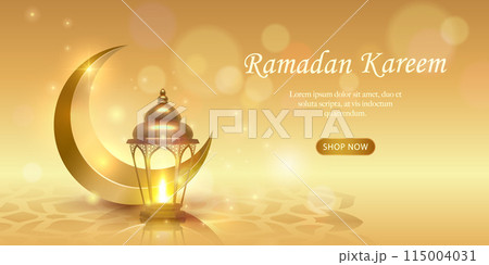 3D luxury golden Islamic lantern and crescent moon with bokeh background. suitable for Ramadan, Raya Hari, Eid al Adha Islamic holiday 115004031
