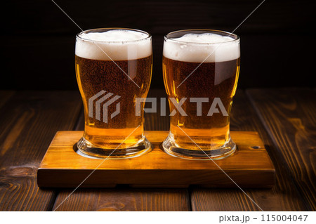 glasses of beer on a wooden table in a pub or restaurant 115004047