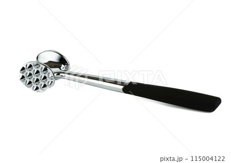 Chrome plated metal kitchen meat mallet with comfortable handle isolated on a white background. 115004122