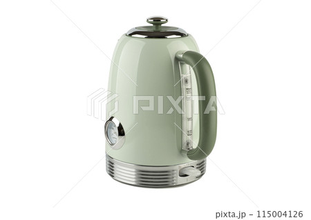 New green electric kettle with thermometer isolated on white background. New green electric kettle with thermometer isolated on white background. 115004126